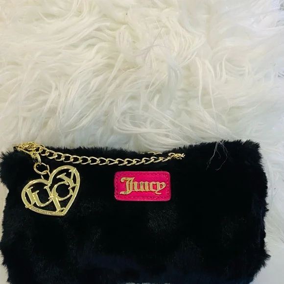 NWOT Juicy Couture Black Faux Fur Clutch with Pink Logo - Picture 2 of 3